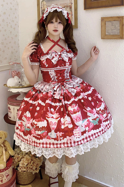Red Strawberry Parfait Print Short Sleeve Ruffle Bow Lace Lace-Up Sweet Lolita Dress