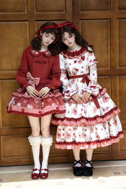 Bell Strawberry Farm Print Ruffle Embroidery Sweet Lolita Skirt