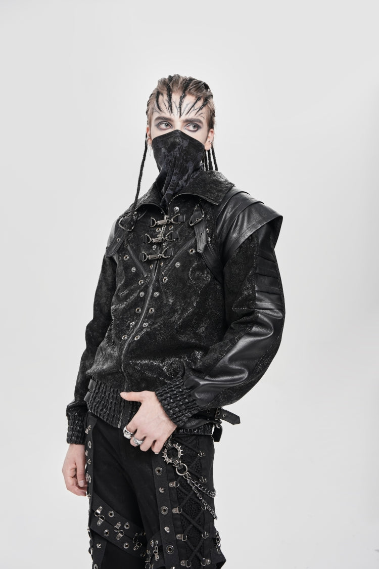 Men's Punk Coat with Buckle Zipper Straps and Stitched Black Faux Leather