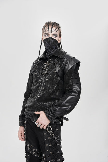 Men's Punk Coat with Buckle Zipper Straps and Stitched Black Faux Leather