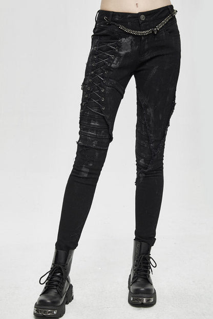 Hand-Painted Laced-Up Gothic Style Slim Pants