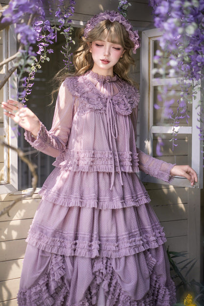 Sweet Stand Collar Long Sleeve Multi Layer Ruffle Color Block Lolita Tiered Dress 14 Colors