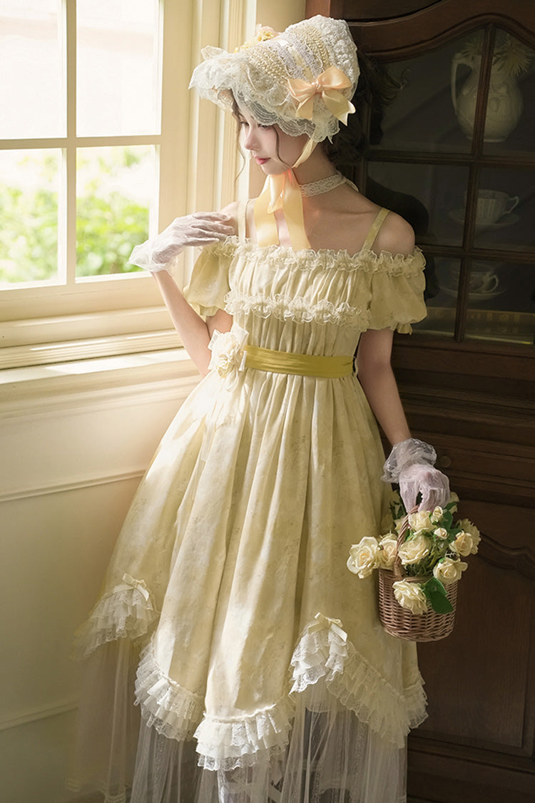 Golden Square-Collar Short-Sleeve Ruffled Lace Long Gown