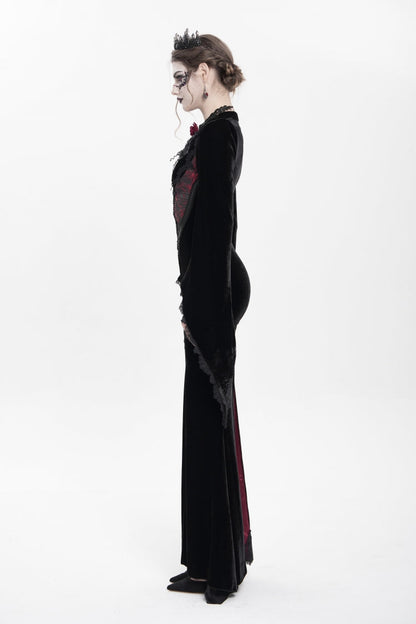 Trumpet Sleeve Floral Embroidered Velvet Gothic Dress