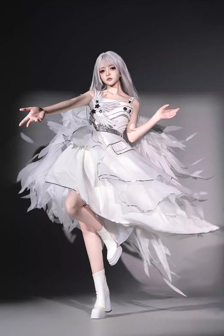 Asymmetric Futuristic Punk Jumper Dress Set - White Silver Wings