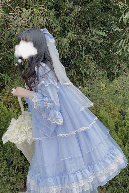 Blue OP Tiered Dress Sweet Lolita Trumpet Sleeves Bowknot Ruffled - Altfashion Shop