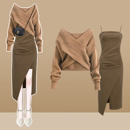 Dress Cross Ruffled Split Elegant Knitted Slip Sweater