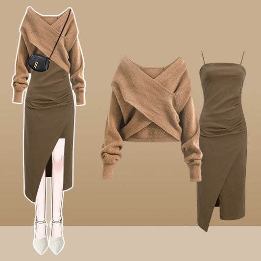 Dress Cross Ruffled Split Elegant Knitted Slip Sweater