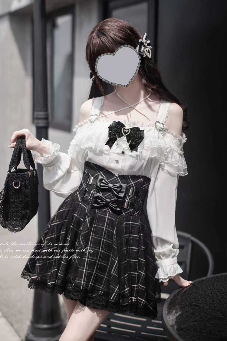 Black Plaid Bow Sweet Japanese Skirt