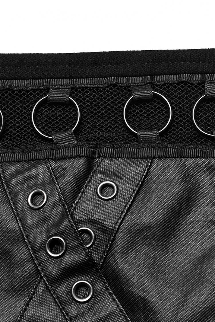 Punk Women's Ring Shorts with Faux Leather Stitching Mesh and Eyelet