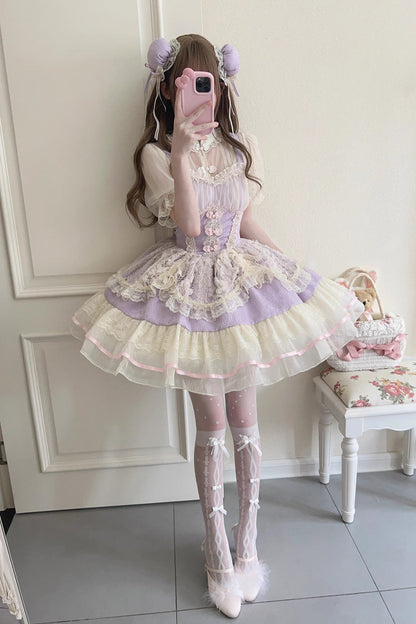 Flower Bud Halterneck Print Ruffle Lace Jsk - Chinese Ballet Lolita