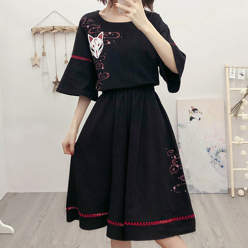 Black Sakura Fox Print Lace Up T-Shirt Wide Leg Pants