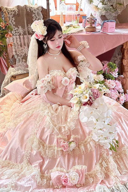 Pink Ruffle Bridal Bow Lace Sweet Princess Lolita Jumper - Love and Roses