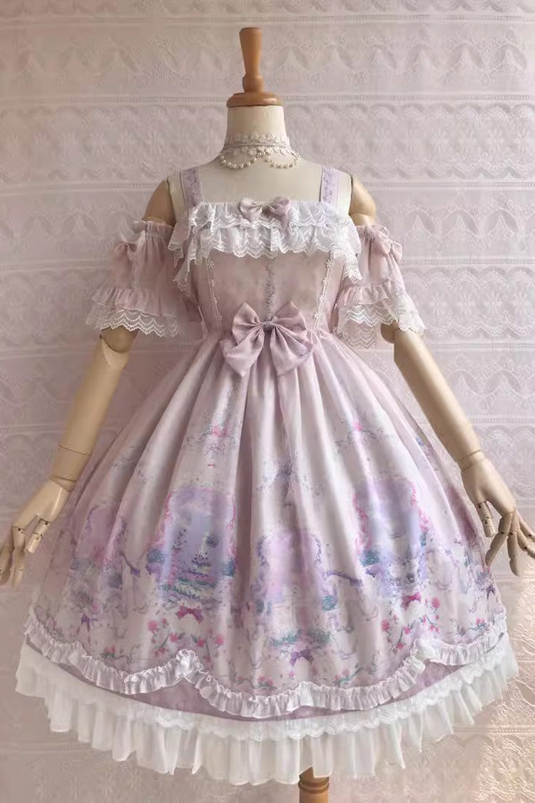 Sweetie Violet Unicorn Print Ruffle Jsk Dress - Secret Garden Lolita
