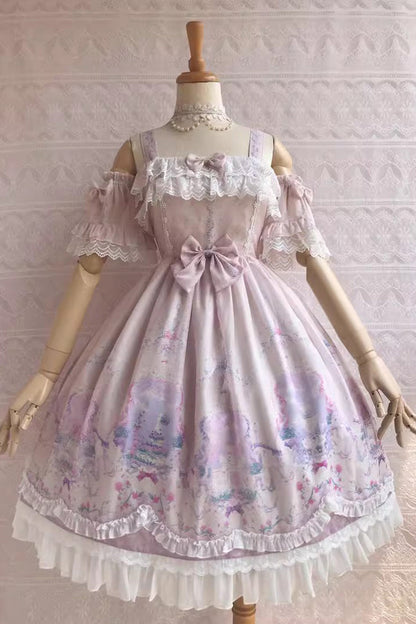 Sweetie Violet Unicorn Print Ruffle Jsk Dress - Secret Garden Lolita