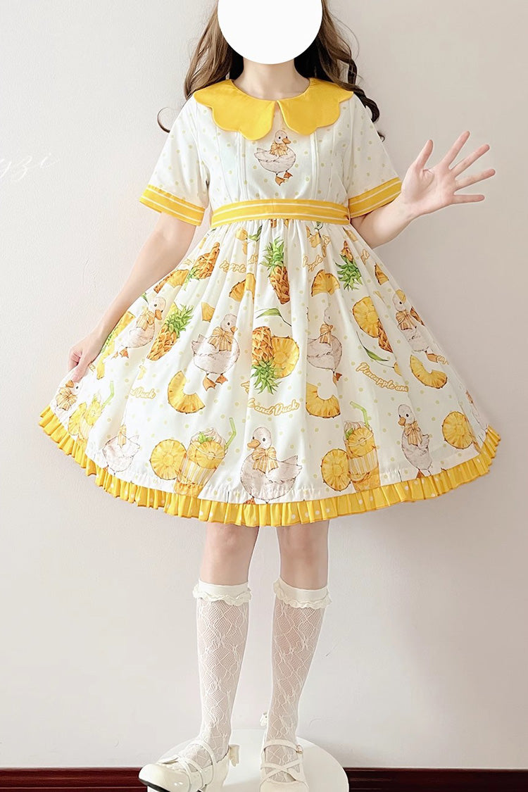 White and Yellow Short-Sleeved Duck Print Bow-Trim Sweet Lolita OP Dress
