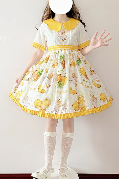 White and Yellow Short-Sleeved Duck Print Bow-Trim Sweet Lolita OP Dress