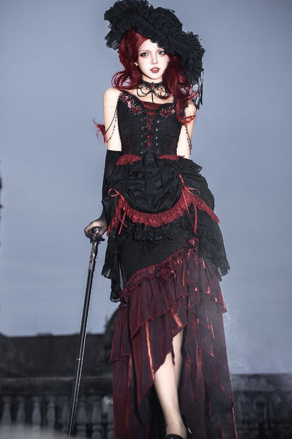 Rotten Bone Flower Lolita Skirt Set with Lace-Up Details - Noir