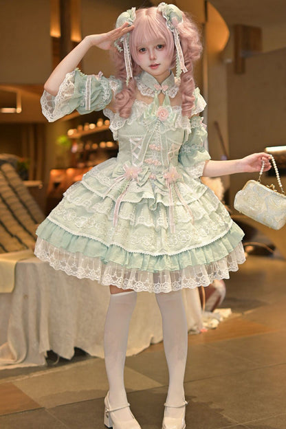 Emerald Rain of Peaches Sleeveless Bowknot Lace Chinese Lolita JSK