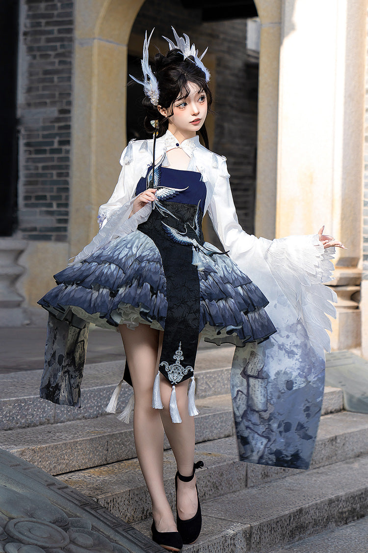 Dark Blue Feathered Finch Multi-Layer Print Ruffle Classic Chinese Style JSK Dress Set