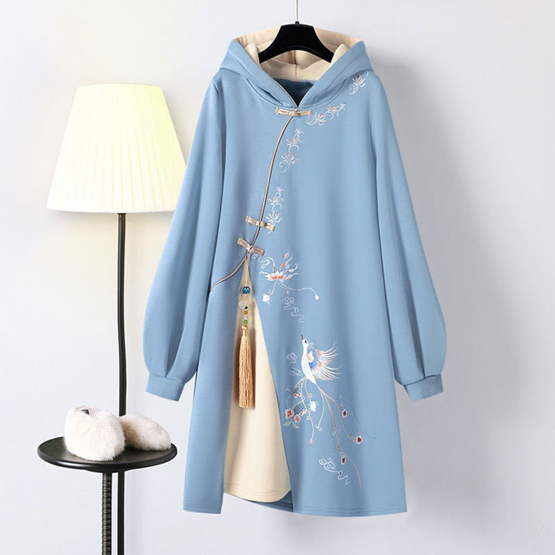 Robe sweat-shirt ample à capuche et broderie bleue vintage