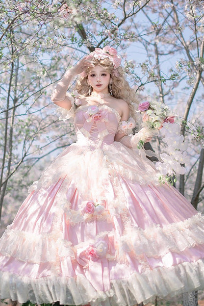 Pink Ruffle Bridal Bow Lace Sweet Princess Lolita Jumper - Love and Roses