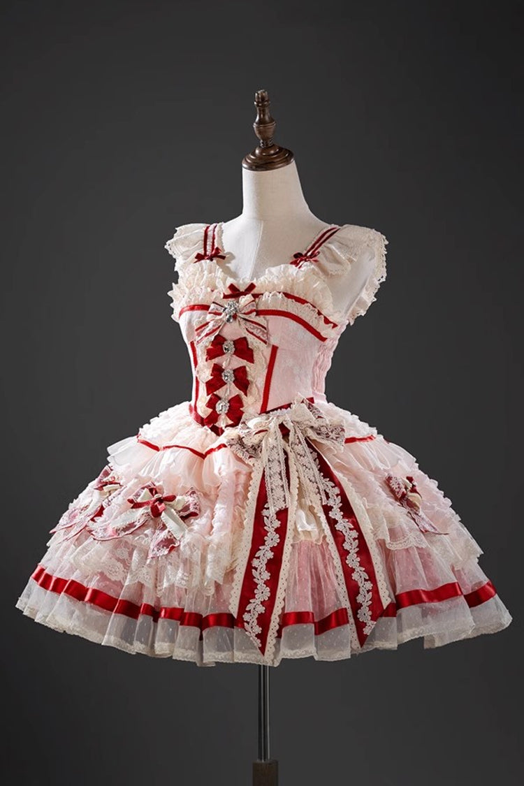 Rose Moonstone Sleeveless Ruffle Embroidery Bow Lace Fishbone Sweet Princess Gown