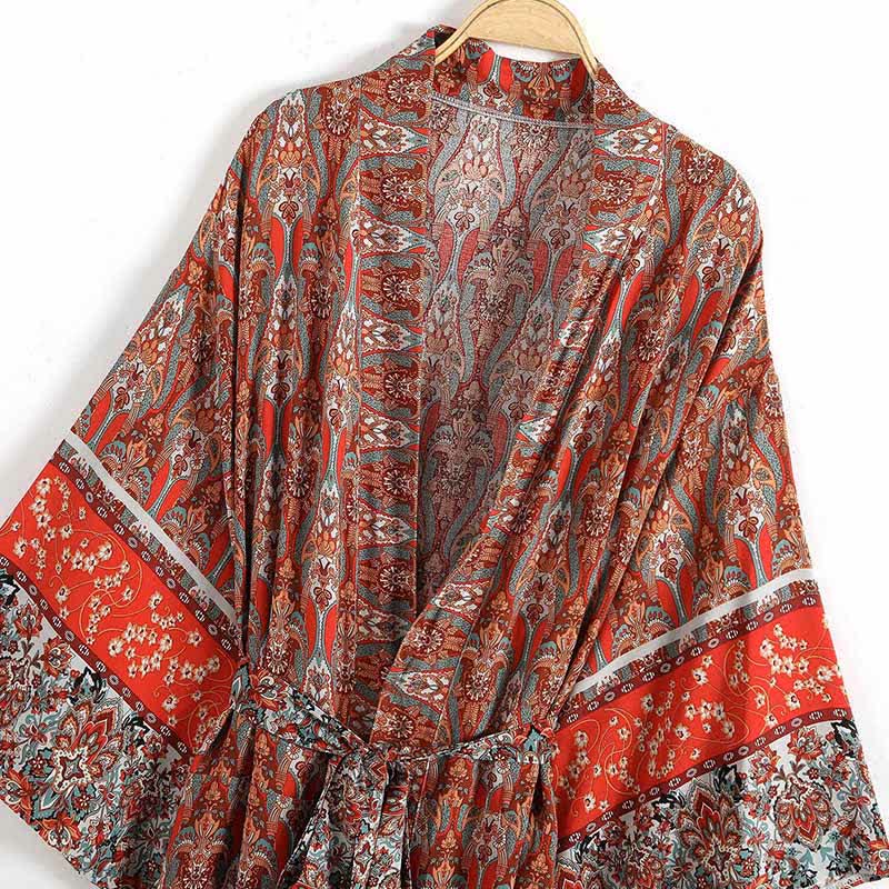 Boho Vintage Rot Print Gürtel Robe Cardigan Oberbekleidung