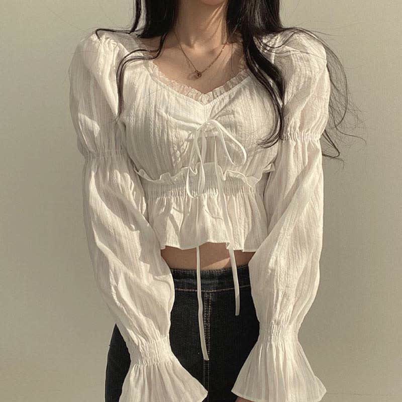 Dress Up Lace Irregular Set Slip Puff Sleeve Shirt Skirt