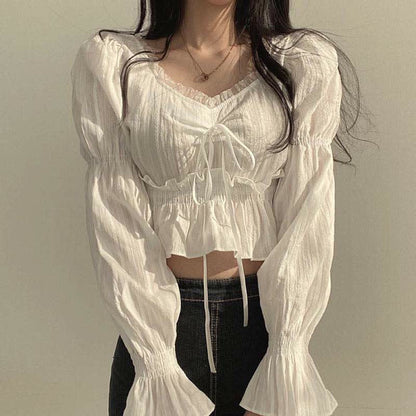 Dress Up Lace Irregular Set Slip Puff Sleeve Shirt Skirt