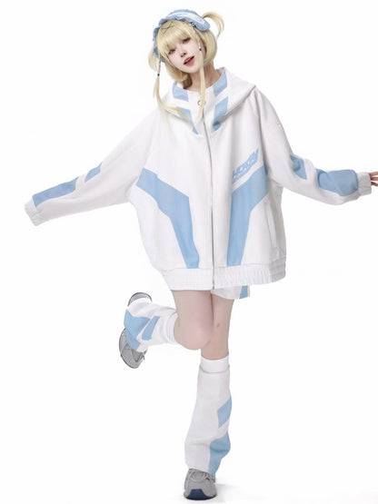 White and Blue Mesh Splicing Zip Hoodie Tenshi Kaiwai Sweatshirt