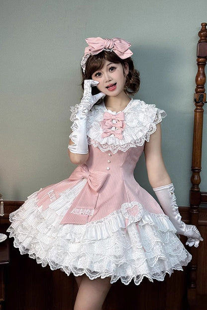 Rose Miss Tsundere Sleeveless Layered Ruffle Bow Lace Asymmetrical Princess Sweet Dress