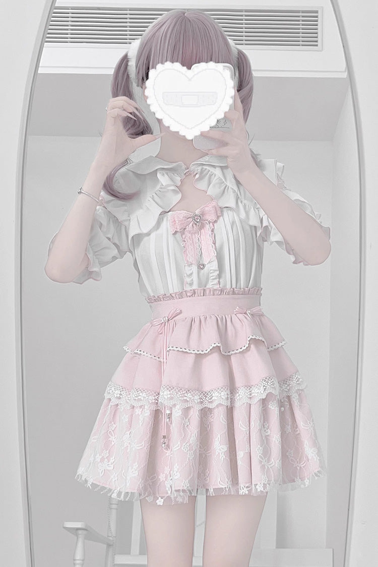 Triple-Layered Ruffle Bowknot Lace Jirai Kei Skirt Set