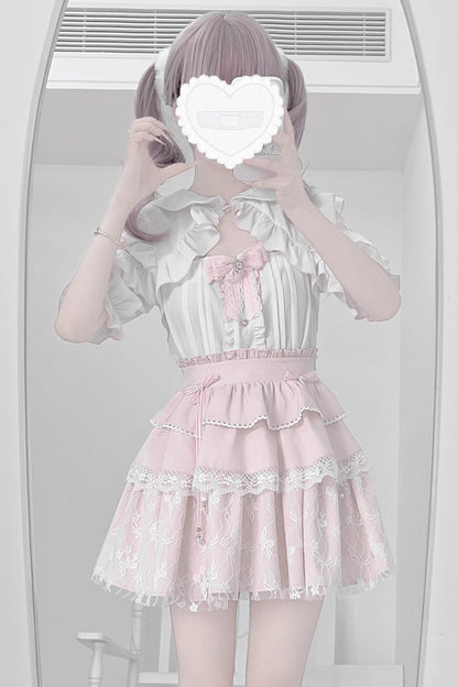 Triple-Layered Ruffle Bowknot Lace Jirai Kei Skirt Set