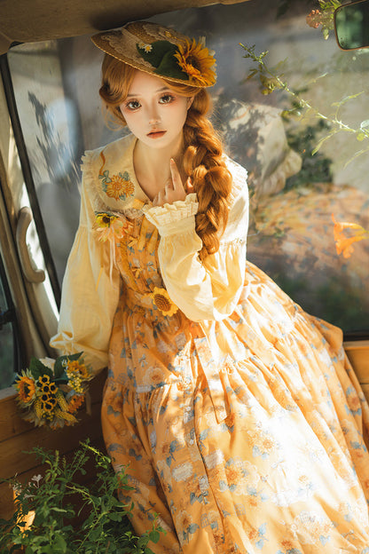 Golden Sleeveless Ruffled Bow Sunflower JSK Elegant Dress