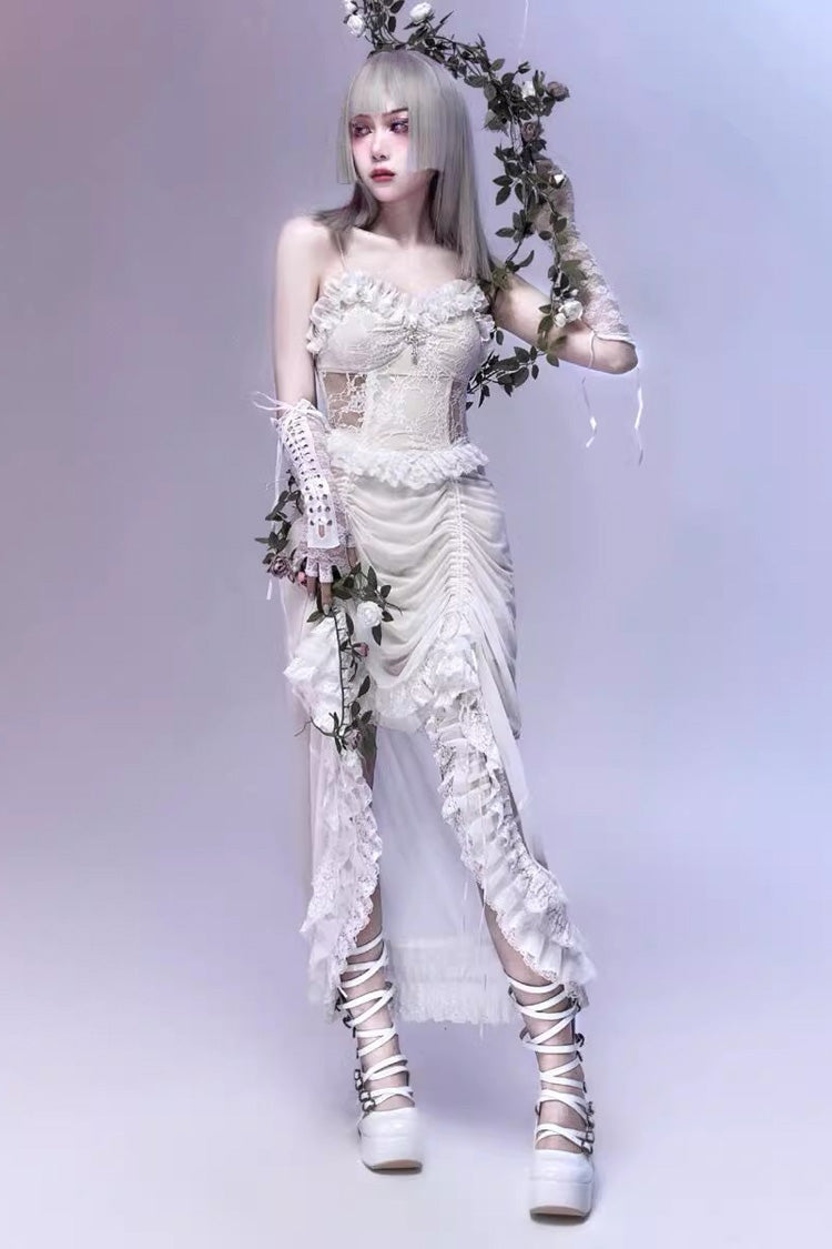 Drawstring Gothic JSK Dress with Ruffled Embroidery and Pleated Lace - Redemption of the Deity