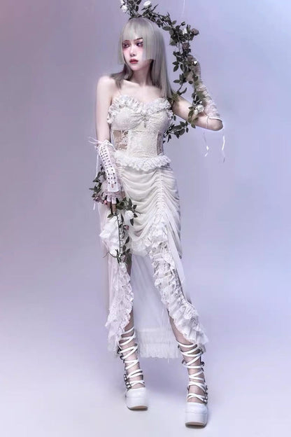 Drawstring Gothic JSK Dress with Ruffled Embroidery and Pleated Lace - Redemption of the Deity