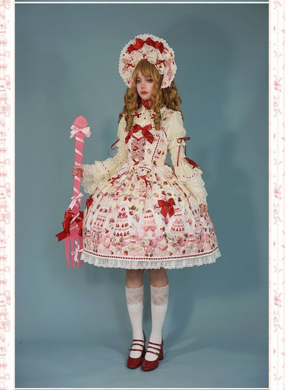 Strawberry and Desserts Print Yellow Sweet Bow Accents Lolita JSK / Full Set