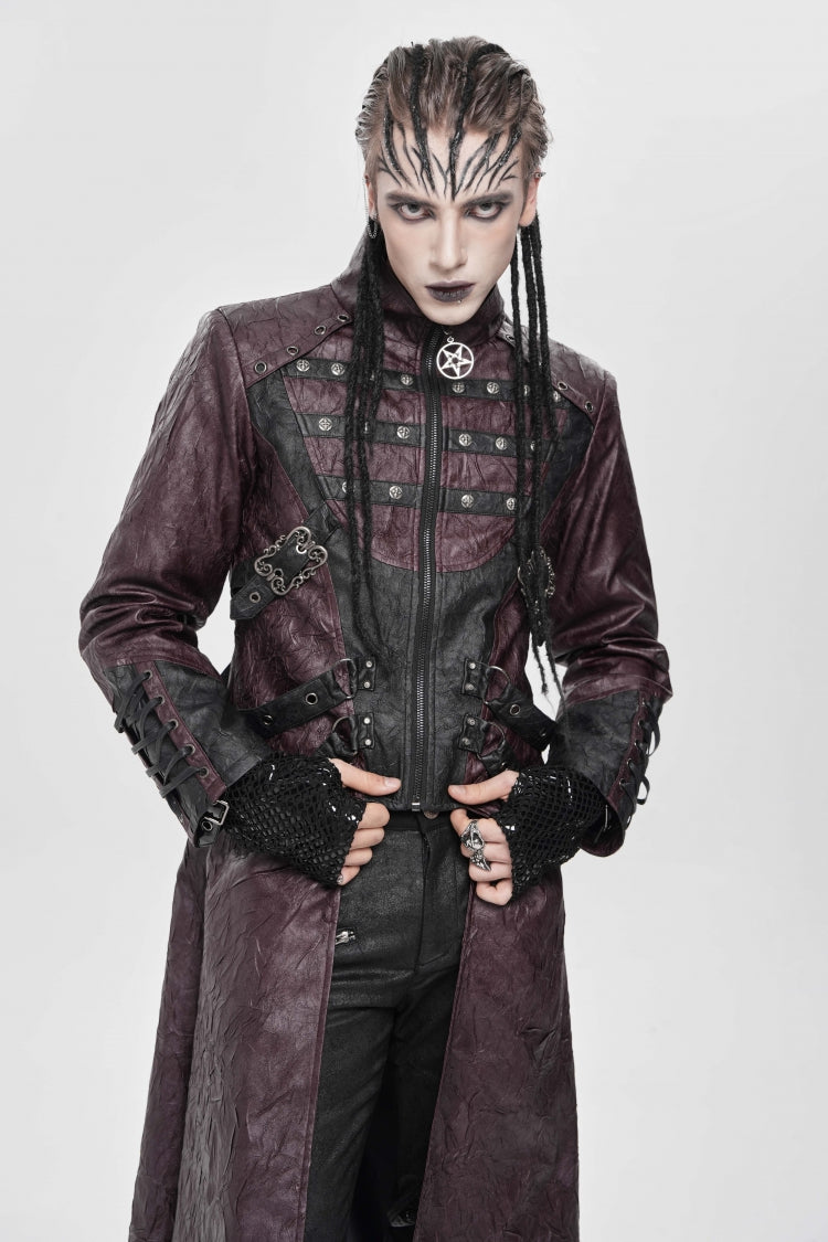 Crimson Mandarin Collar Zip Strap Eyelet Men's Punk Coat