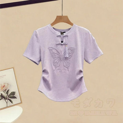 Skirt Butterfly Two Pieces Buckle Vintage Flounce Set Gradient T-shirt