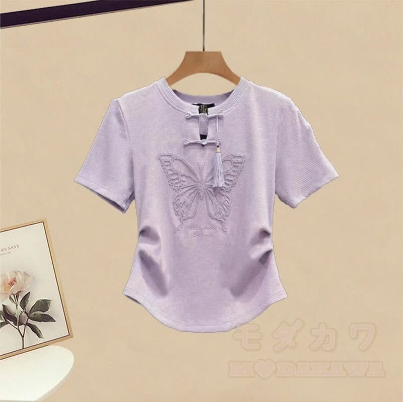 Skirt Butterfly Two Pieces Buckle Vintage Flounce Set Gradient T-shirt