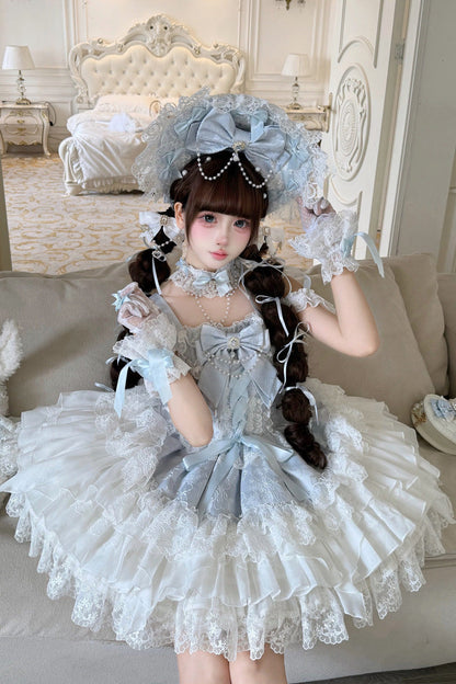 Square-Collar Sleeveless Pearl-Trimmed Layered JSK with Lacing