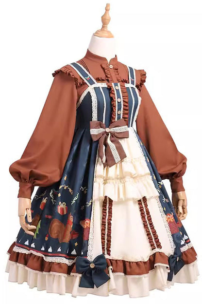 Festive Christmas Print Ruffled Bow Princess Style Jumper Dress