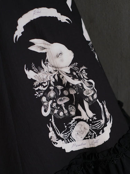 Bunny Print Black Dark Gothic Lolita Slim Fit Waist Dress