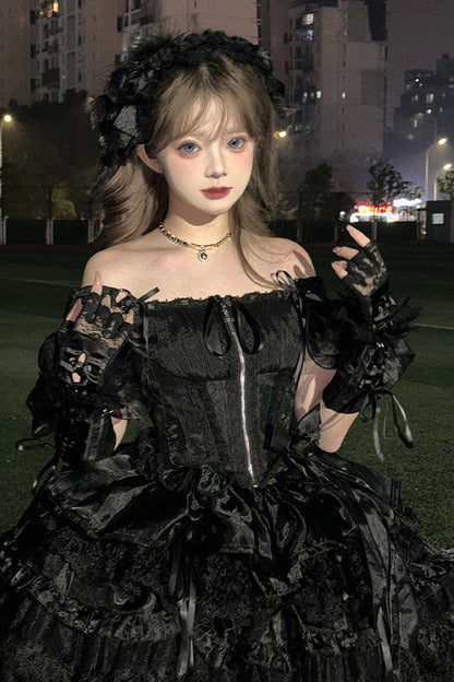 Black Rose Memoirs Sleeveless Multi-Layer Bow Lace Gothic Lolita Skirt Set