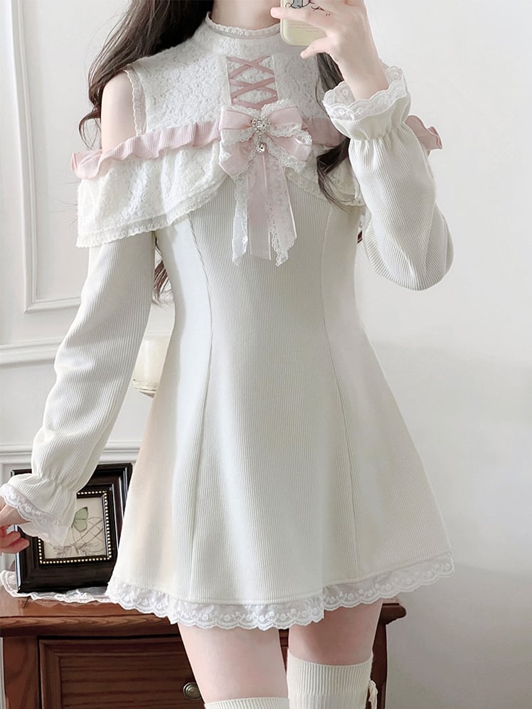 Jirai Kei Apricot Cutout Shoulder Lace Trim Long Sleeves Dress