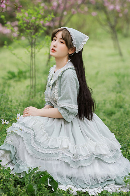 Green Sweet Lolita OP Dress with Doll Collar and Lace Ruffled Layers