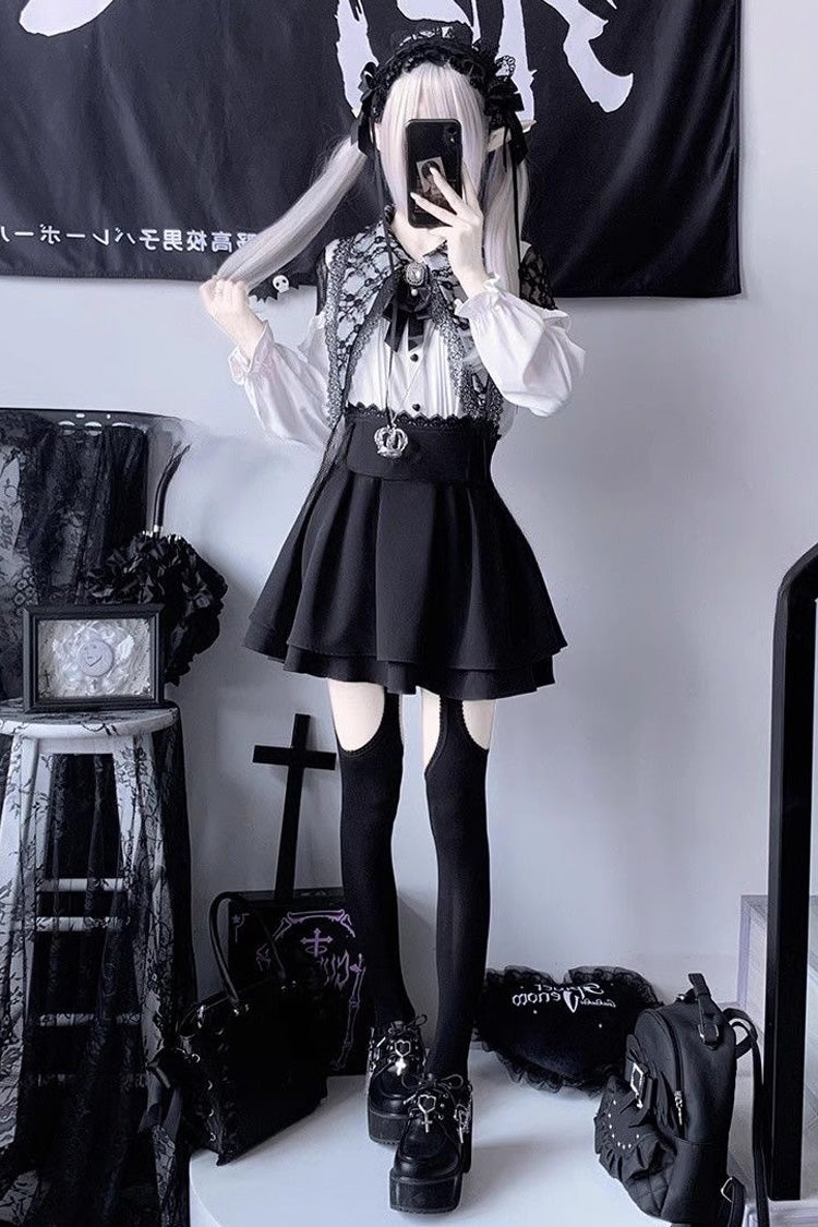 Puff Sleeve Ruffle Bow Lace Blouse & Skirt Set Two Tones