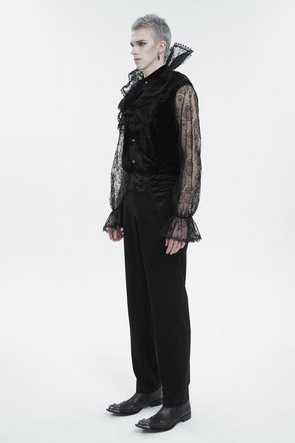 Men's Gothic Shirt with Lotus Leaf Collar and Sheer Lace