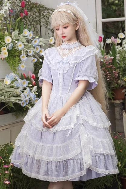 Purple Jacquard Bowknot OP Dress - Sweet Elegant Lolita